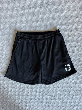 NWT OVERTIME Men's Black Athletic Mesh Shorts with White Outline Accent - Large